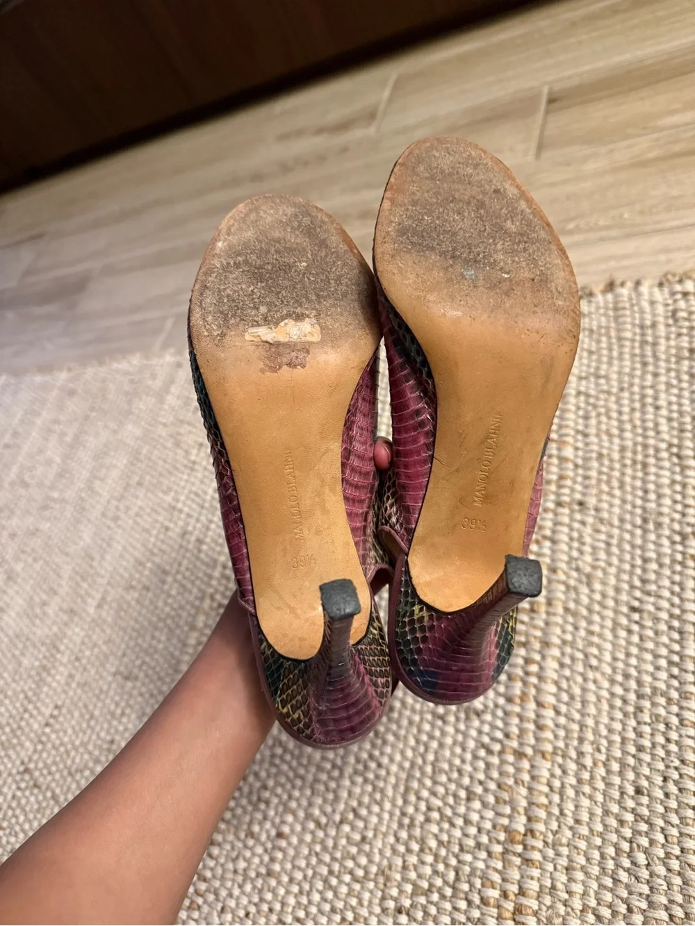 Vintage Manolo Blahnik Snakeskin Slingback Heels | Peep-Toe Pumps | Size 39.5